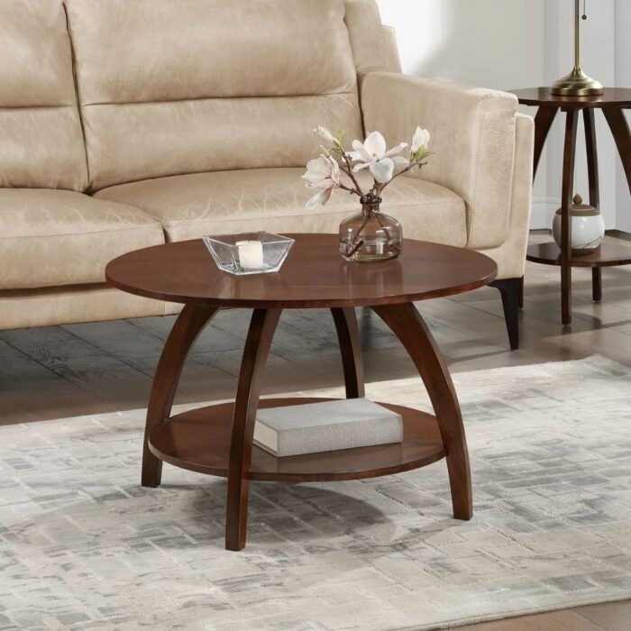 LoomEdge Elegant Round Coffee Table With Lower Storage Shelf, Polished Top And Modern Aesthetic Design - Image 1