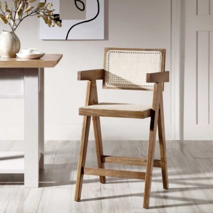 Walnut Cane Rattan Solid Beech Wood Counter Stool