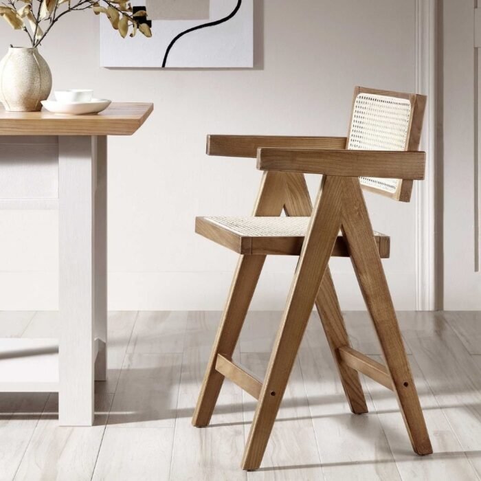 Walnut Cane Rattan Solid Beech Wood Counter Stool - Image 2