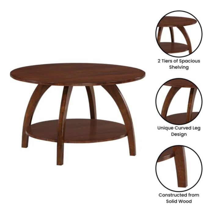 LoomEdge Elegant Round Coffee Table With Lower Storage Shelf, Polished Top And Modern Aesthetic Design - Image 4