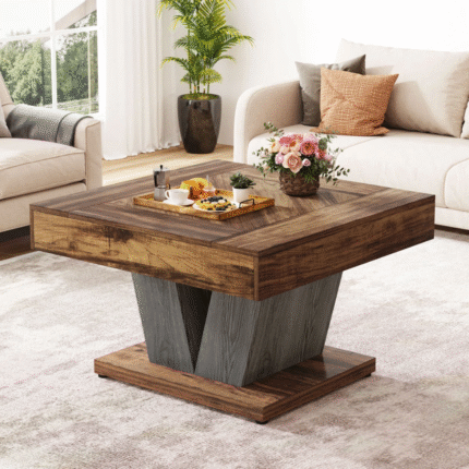 AuricNest Rustic Solid Wood Square Coffee Table with Vintage Charm