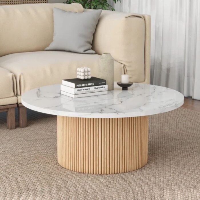 Ethereal Aura Marbled Wood Round Coffee Table - Image 1