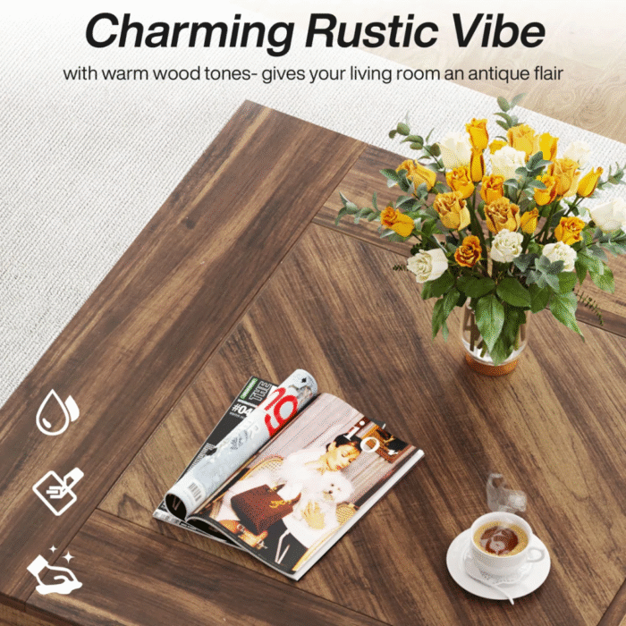 AuricNest Rustic Solid Wood Square Coffee Table with Vintage Charm - Image 6