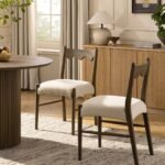 Wooden Set of 2 Dining Chairs, Oatmeal Fabric | Silver Oak Frame
