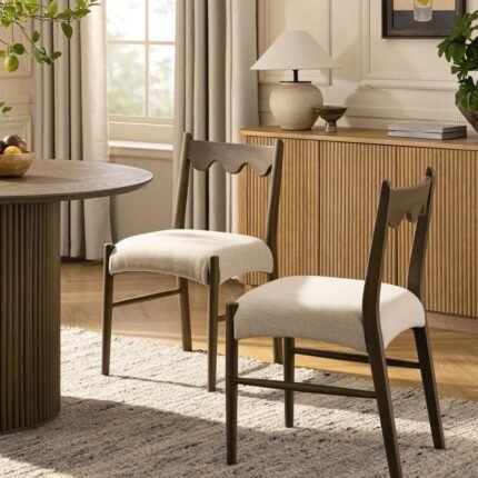Wooden Set of 2 Dining Chairs, Oatmeal Fabric | Silver Oak Frame