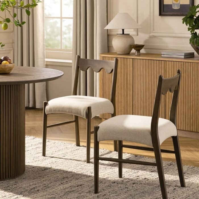 Wooden Set of 2 Dining Chairs, Oatmeal Fabric | Silver Oak Frame - Image 1