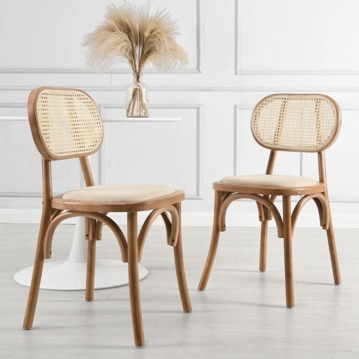 Wooden Set of 2 Cane Rattan and Upholstered Dining Chairs, Natural Colour - Image 1