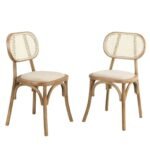 Wooden Set of 2 Cane Rattan and Upholstered Dining Chairs, Natural Colour - Image 2