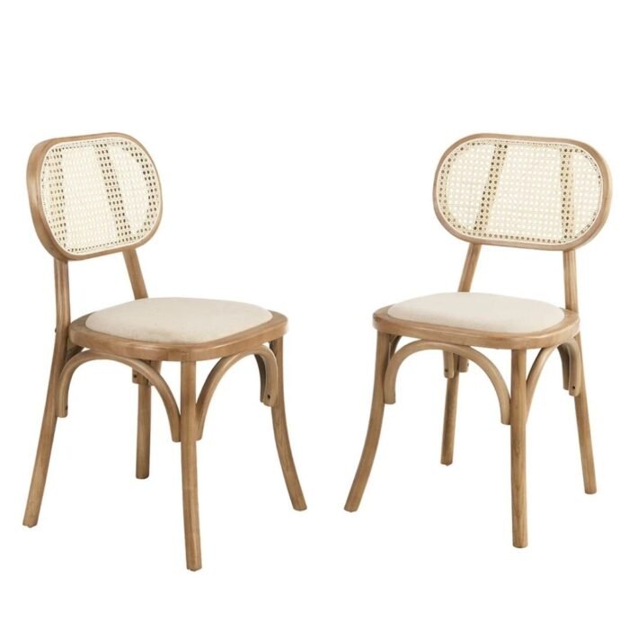 Wooden Set of 2 Cane Rattan and Upholstered Dining Chairs, Natural Colour - Image 2