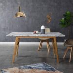 White Marble Effect 6-Seater Dining Table with Solid Wood Legs - Image 2