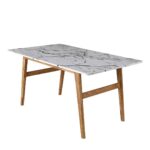 White Marble Effect 6-Seater Dining Table with Solid Wood Legs - Image 3