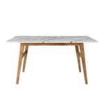 White Marble Effect 6-Seater Dining Table with Solid Wood Legs - Image 4
