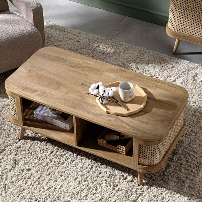 Wooden Curved Rattan Coffee Table - Image 2