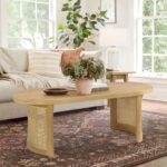 Zenora Luxe 48" Oval Solid White Oak Rattan Coffee Table