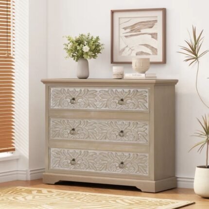 Vistara Luxe Wooden Dresser With 3 Drawers & Floral Carved Accents