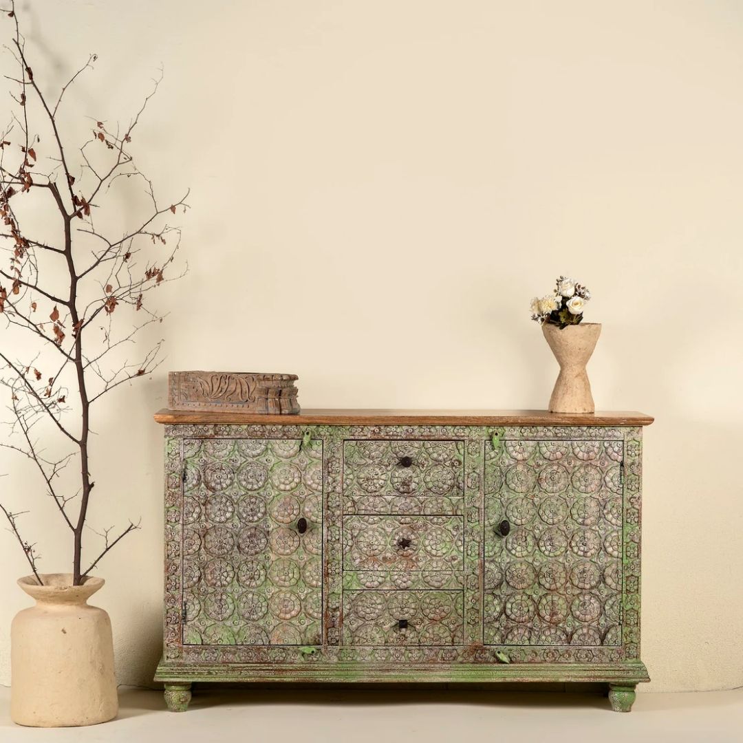 19 Sanskriti Handcrafted Teak Wood Chest of Drawers Ibiza Style 100cm - Image 1