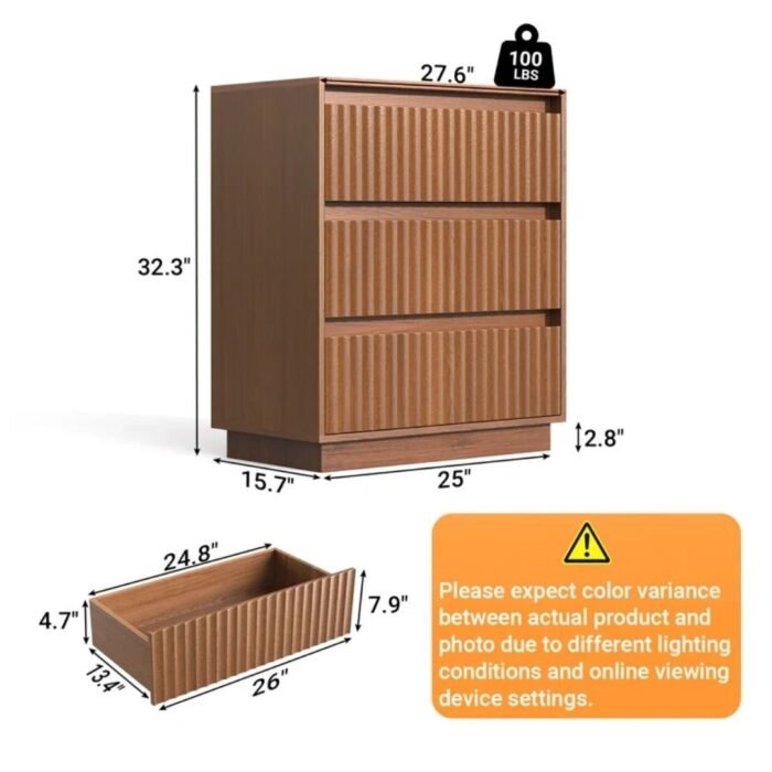 Trisha Harmony 3-Drawer Dresser 27.5"W Single Dresser With Waveform Fluted Panel - Image 5