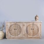 Shahi Aura Hand Carved Acacia Wood Sideboard With White Marble Top 180cm