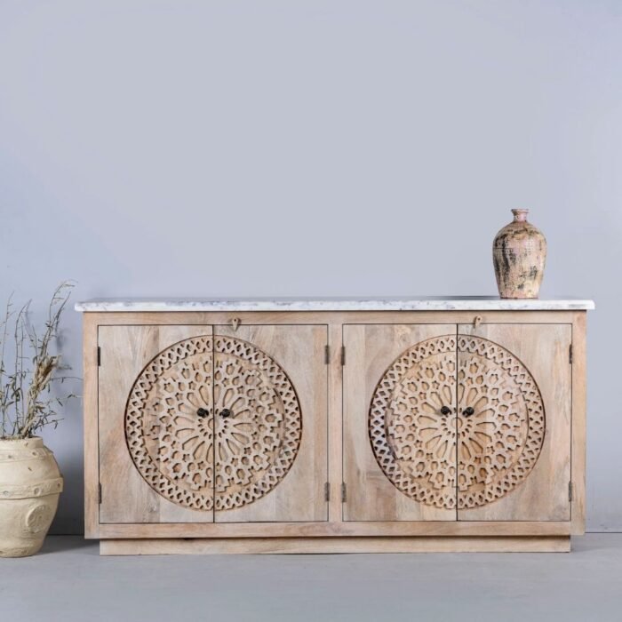 Shahi Aura Hand Carved Acacia Wood Sideboard With White Marble Top 180cm - Image 1