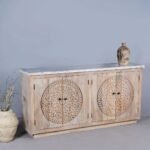 Shahi Aura Hand Carved Acacia Wood Sideboard With White Marble Top 180cm - Image 2