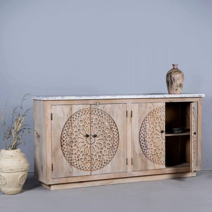 Shahi Aura Hand Carved Acacia Wood Sideboard With White Marble Top 180cm - Image 3