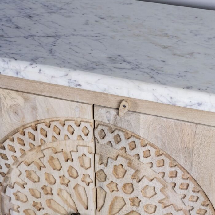 Shahi Aura Hand Carved Acacia Wood Sideboard With White Marble Top 180cm - Image 4