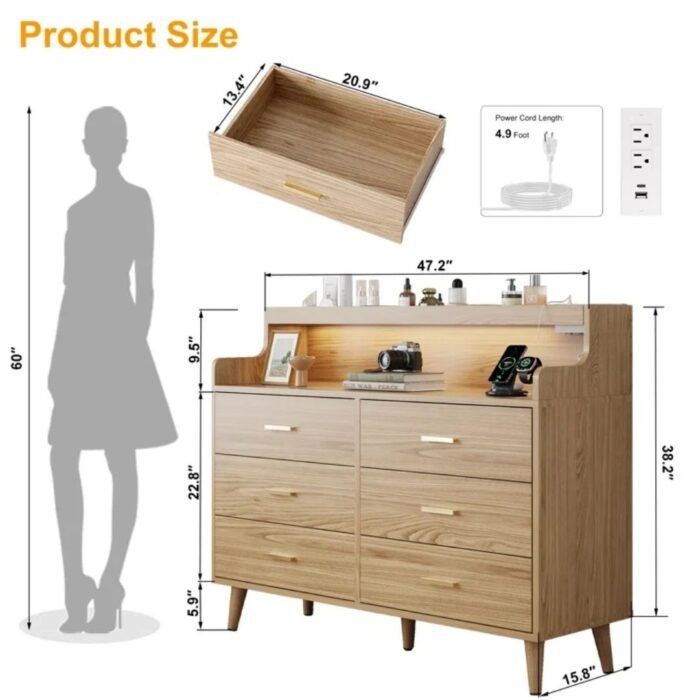 Asthra 47.24”W-6 Drawers Dresser, S-Frame Storage Chest With 2 Shelves & 6 Drawers - Image 4