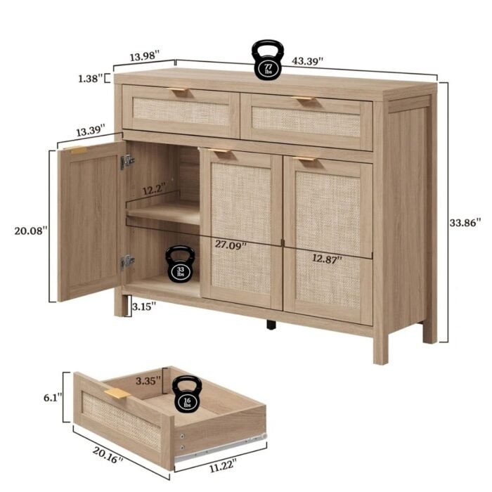 Sanskriti Modern 43.39'' W 2-Drawer And 3-Door Rattan Sideboard With Adjustable Shelves - Image 9