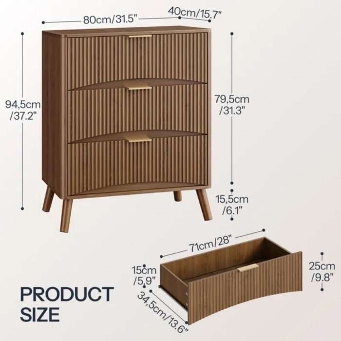 NavaRang 31.5"W 3 Drawers Dresser Organizer Fluted Design Nightstand with Storage - Image 7