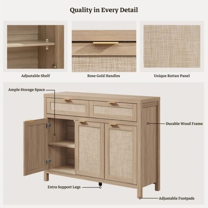 Sanskriti Modern 43.39'' W 2-Drawer And 3-Door Rattan Sideboard With Adjustable Shelves - Image 10
