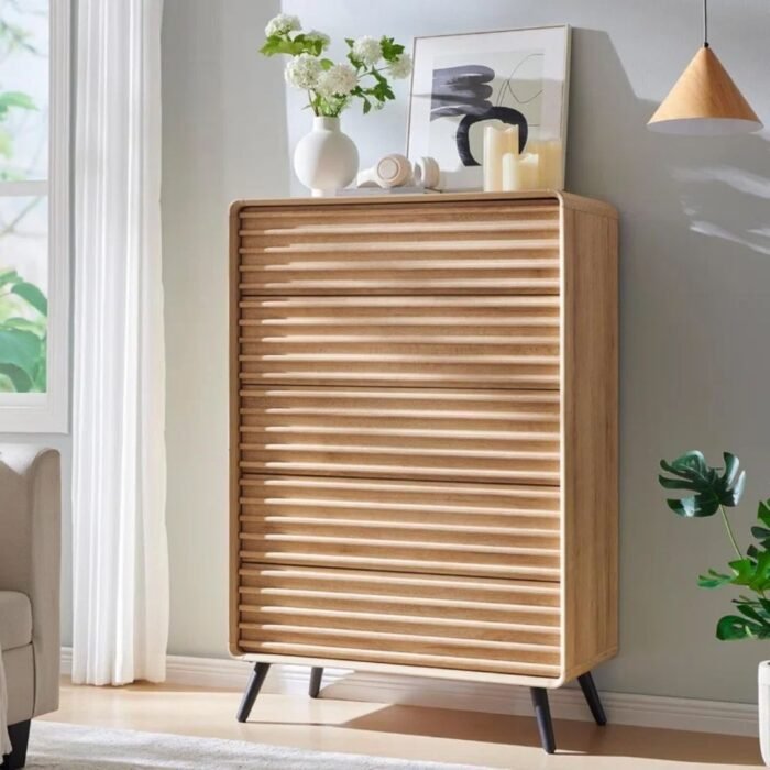 Samprati Modern 5-drawer Wood Dresser Mid Century Fluted Design - Image 1