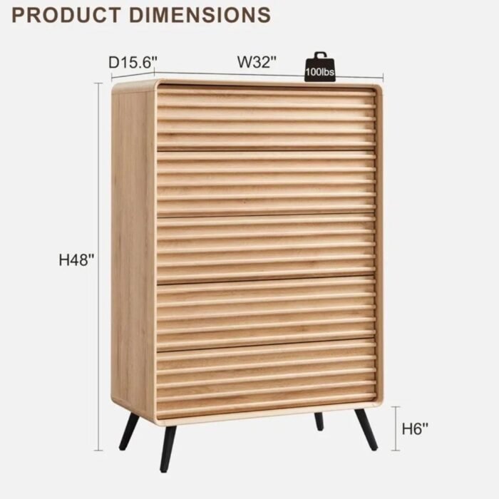 Samprati Modern 5-drawer Wood Dresser Mid Century Fluted Design - Image 5