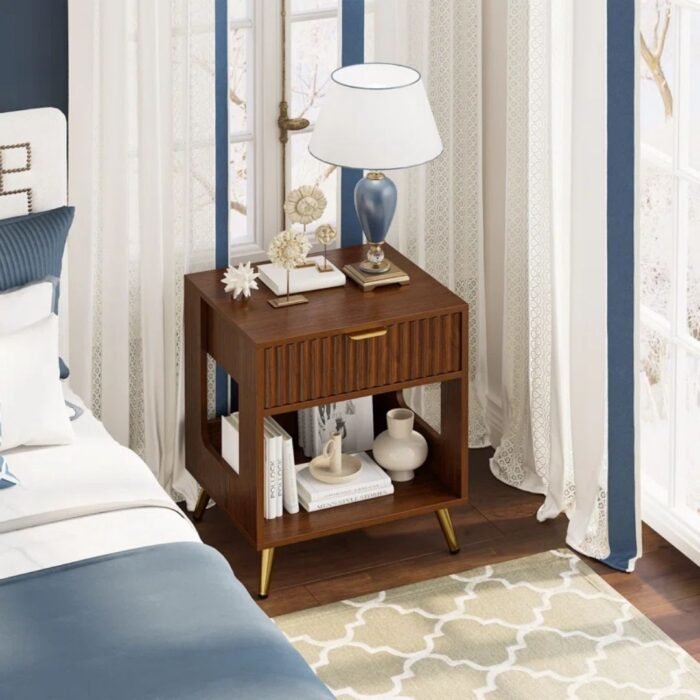 Vaastra Night Stand With 1 Drawer & 1 Shelf, Wooden Bedside Table - Image 14