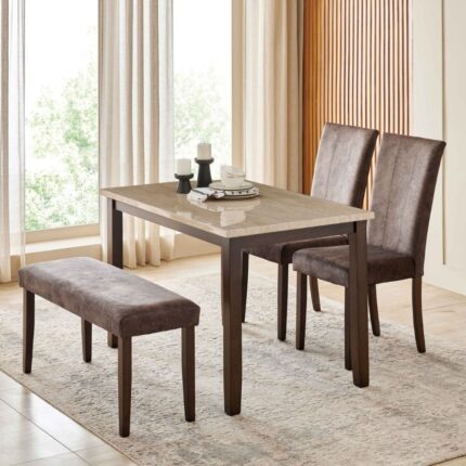Marble Top 4-Seater Dining Set with Chairs and Bench - Brown