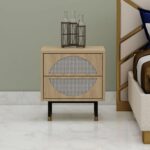 Cane Bedside Table Black Finish with Golden Cap