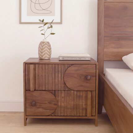 Solid Wood Bedside Table In Scratch Resistant Rustic Teak Finish