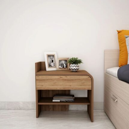 Wooden Bedside Table with Drawer & Open Shelf