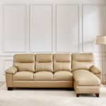 Half Leather 3-Seater Corner Sofa with Right Chaise - Beige