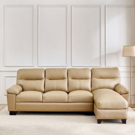 Half Leather 3-Seater Corner Sofa with Right Chaise - Beige