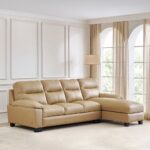 Half Leather 3-Seater Corner Sofa with Right Chaise - Beige - Image 6