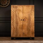 Solid Mango Wood Large Bar Cabinet with 3D Carvings – Natural Finish