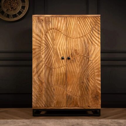 Solid Mango Wood Large Bar Cabinet with 3D Carvings – Natural Finish