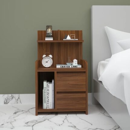 Wood Bed Side Table with open shelf & Drawers