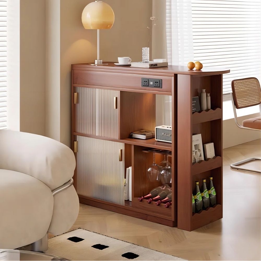 12 Table Bar Cabinet Natural Wood with Wine Storage, Hanging Glass Rack, Bottom Shelf, Adjustable Legs - Image 1