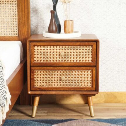 Rattan Cane Two Drawer Bedside Table - Brown Finish