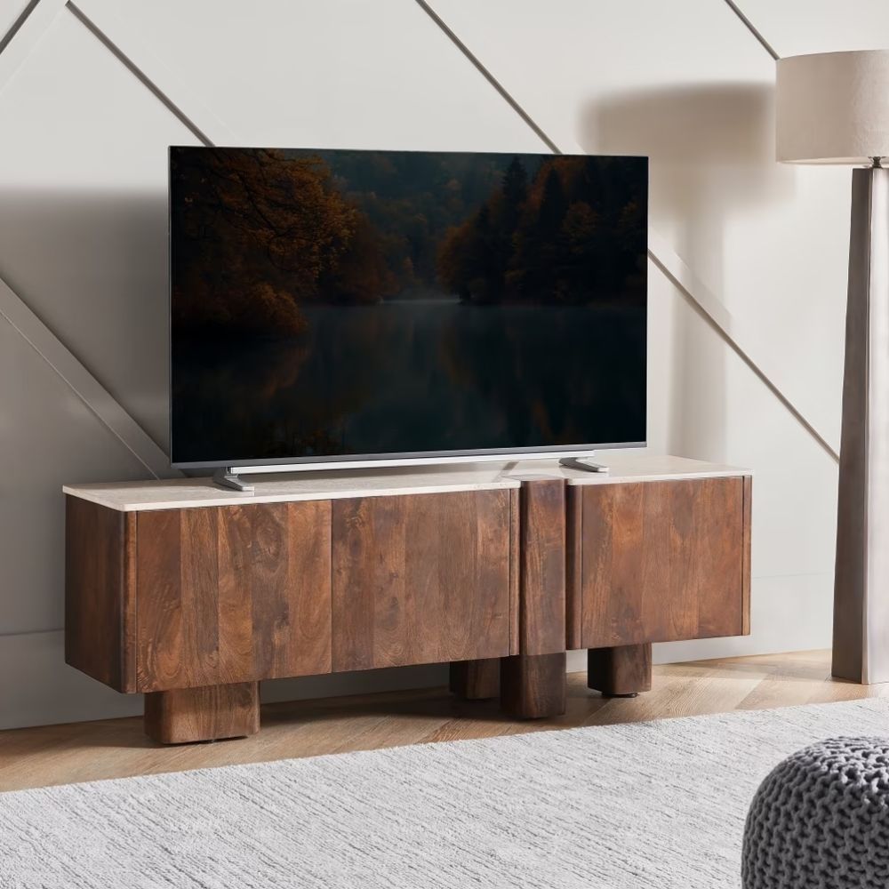 13 Travertine TV Unit for Up to 70 Inches – White & Brown - Image 1