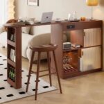 Table Bar Cabinet Natural Wood with Wine Storage, Hanging Glass Rack, Bottom Shelf, Adjustable Legs - Image 3