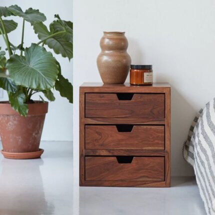 three Drawer Bedside Table - Rustic Teak Finish
