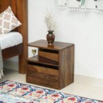 Solid Wood Two Drawer Bedside Table with open Shelve - Teak Finish - Image 2