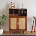 Solid Wood Rattan Cane Bar Cabinet – Brown Finish
